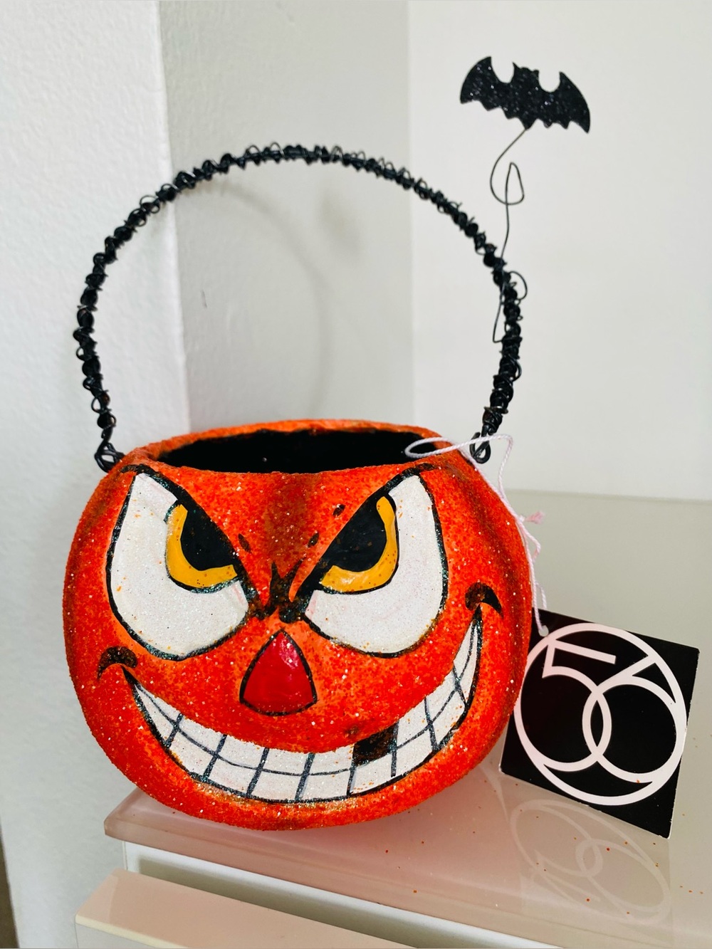 Vintage Department 56 Orange Papier Mache Glitter Pumpkin Halloween Bucket